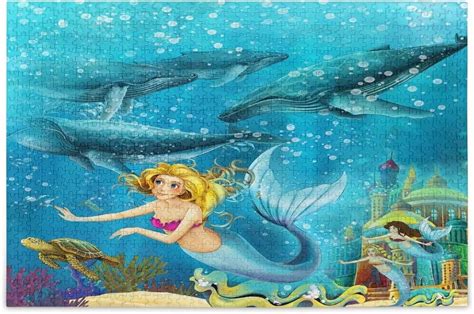Dreamtimes 500 Piece Puzzles for Adults Cartoon Ocean Mermaid Whales Blue Jigsaw Puzzles Kids ...