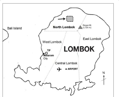 Map of Lombok, Indonesia, showing the location of the farm (arrow) in ...