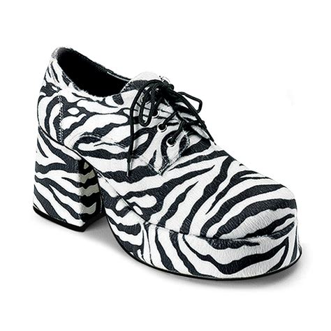 Men's Zebra Fur Disco 70s Platform Retro Costume Shoes 3" Block Heel