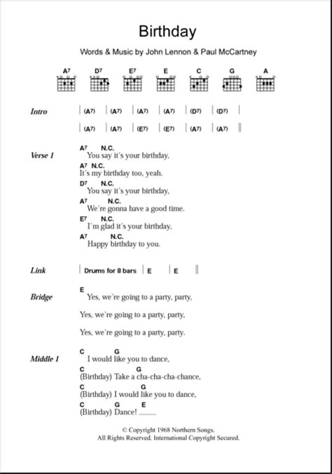 Birthday - Guitar Chords/Lyrics | zZounds