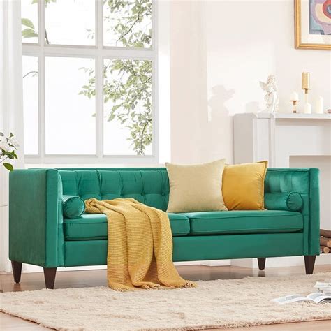 Dreamsir 78'' W Velvet Sofa, Mid-Century Love Seats Sofa Furniture with Bolster Pillows, Button ...