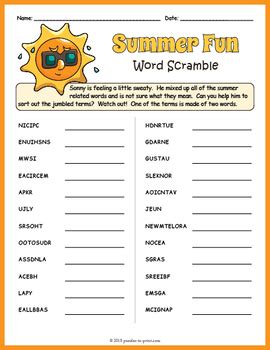 SUMMER VACATION Word Scramble Puzzle Worksheet Activity by Puzzles to Print