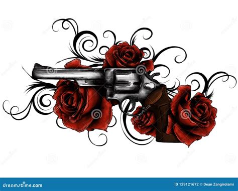 Illustration of Guns on the Flower and Ornaments Floral with Tattoo Drawing Style Stock ...