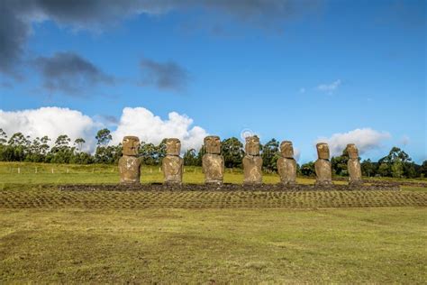 Moai Statues of Ahu Akivi, the only Moai Facing the Ocean - Easter Island, Chile Stock Photo ...