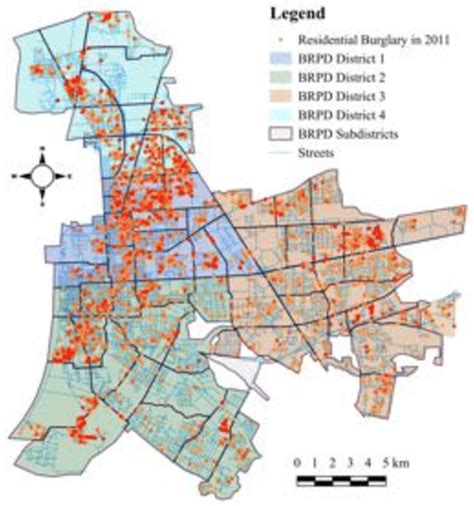 Spatial pattern of residential burglaries in Baton Rouge in 2011 ...