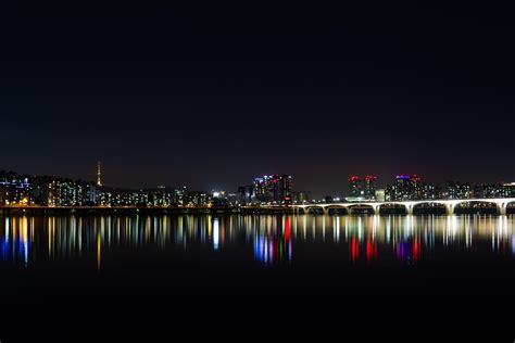 wallpaper night city, panorama, city lights, horizon, sea HD ...