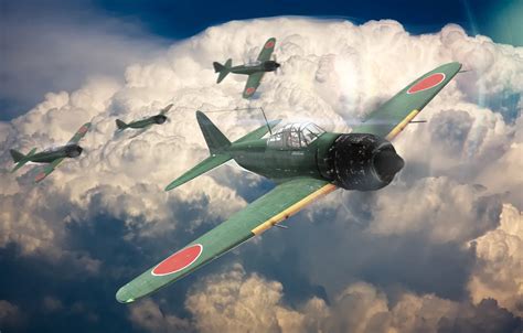 Wallpaper the sky, clouds, the plane, war, fighter, zero, A6M5, war ...