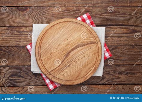 Pizza Board, with Tablecloth on Wooden Table. Top View Mockup Stock ...