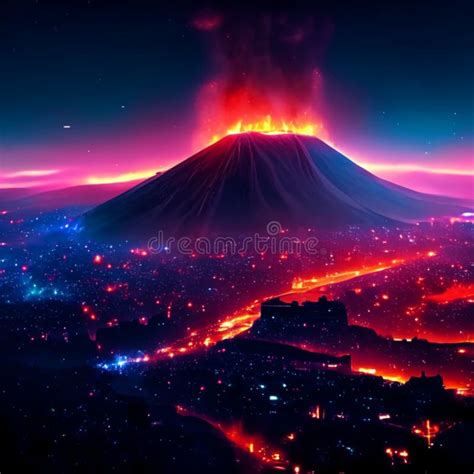 D Render of Volcano Eruption at Night. Generative AI Stock Illustration ...