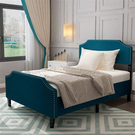 mecor Upholstered Linen Platform Bed/Blue Fabric Full Size Bed Frame ...