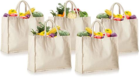 Amazon.com: 5 Pack Canvas Grocery Bags, 100% Canvas Shopping Bags Reusable Washable with Cotton ...