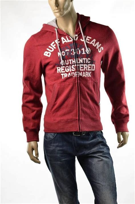 Buffalo David Bitton Red Sweatshirt Mens Fleece Full Zip Hoodie Jacket ...