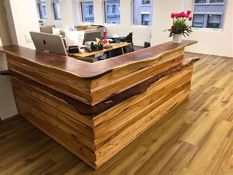 Custom reception desk in natural wood with live edge finish for home office - Decoist | Wooden ...