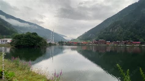 Static view beautiful lake in Uzungol misty mountains village. Uzungöl ...