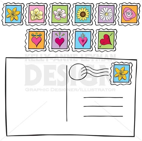 Doodle Postcard Postage Stamp Clipart Hand Drawn Flowers and - Etsy ...