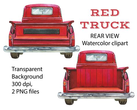 Red Truck Rear View Watercolor Clipart Holiday Cars PNG 300 - Etsy