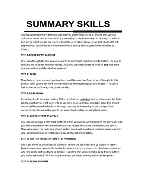 SUMMARY SKILLSWriting a good summary demonstrates that you clearly ...