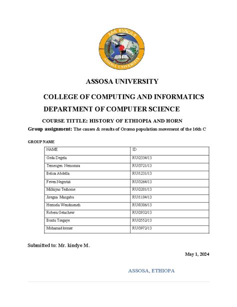 History Gruop Assignment - ASSOSA UNIVERSITY COLLEGE OF COMPUTING AND INFORMATICS DEPARTMENT OF ...