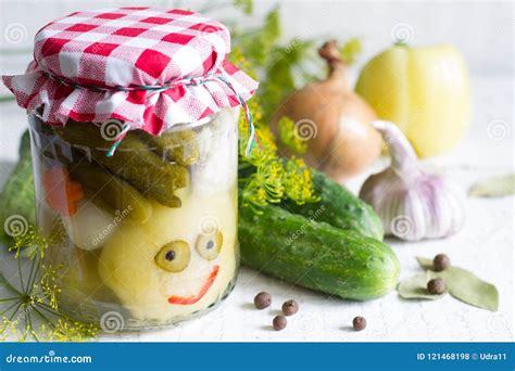 Pickled Vegetables in the Jar Happy Food Fun Concept on White Table Stock Photo - Image of ...