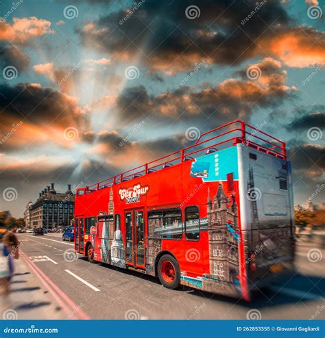 Red Sightseeing Tour Bus Across London. at Sunset Stock Image - Image ...