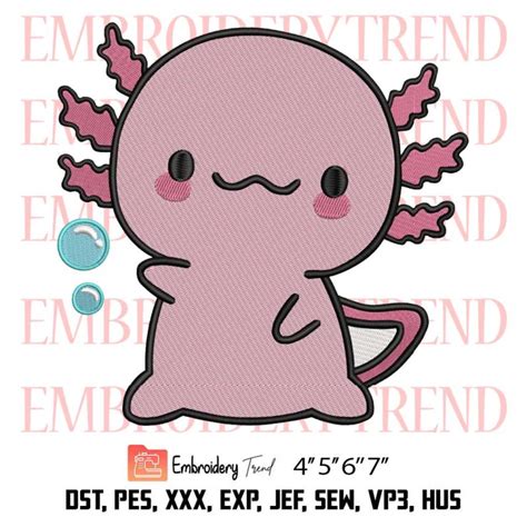 Axolotl Salamander Cute Embroidery, Cute Pink Axolotl Embroidery, Kawaii Axolotl Embroidery ...