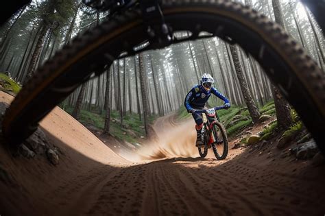 Premium AI Image | A mountain biker rides through a forest with trees ...