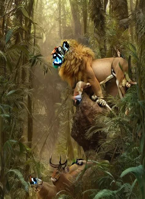 illustration of a lion hunting a deer in the jungle, | Stable Diffusion | OpenArt