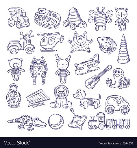 Drawing vintage collection of toys Royalty Free Vector Image