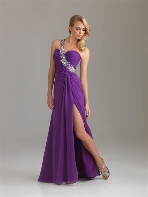 Purple Empire One Shoulder Full Length Chiffon Evening Dresses With Beading and High Slit