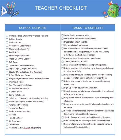 Teacher Checklist Template