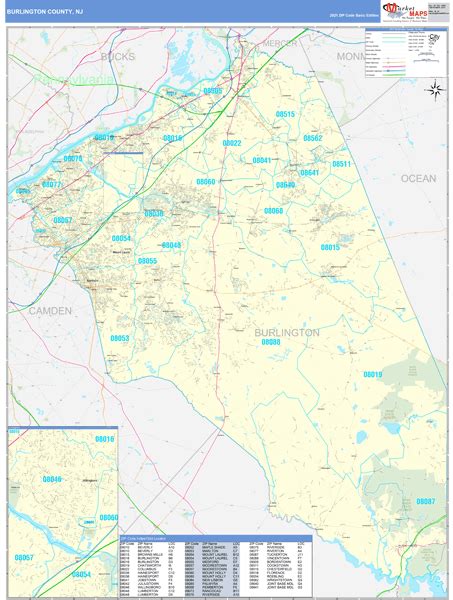 Burlington County, NJ Zip Code Wall Map Basic Style by MarketMAPS