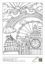 A coloring Page With An Image Of Ferris Wheel And Rainbows In The Sky sketch template
