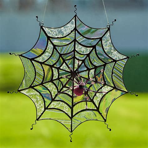 Stained glass spider web suncatcher, stain glass spider ornament, Halloween decoration, bead ...