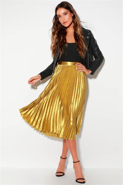 Chic Gold Skirt - Pleated Midi Skirt - Gold Midi Skirt - Lulus