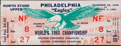 1 1960 NFL CHAMPIONSHIP VINTAGE UNUSED FULL TICKET EAGLES PACKERS laminated salm | Philadelphia ...