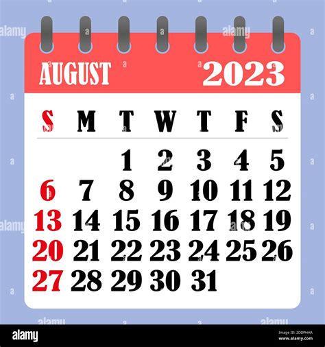 Letter calendar for August 2023. The week begins on Sunday. Time ...