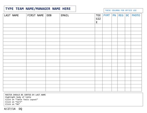 Roster Template - download free documents for PDF, Word and Excel