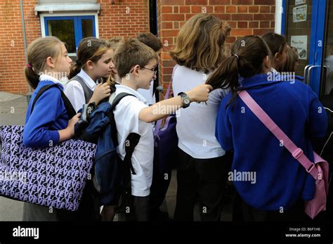 Boy bully pulling girls hair who is standing inline to enter primary school Stock Photo - Alamy