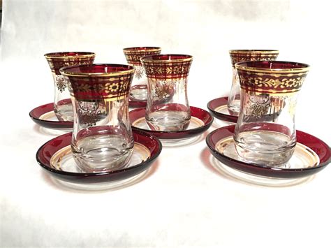 Burgandy and Gold trimTea glass, Turkish tea set, Turkish Cups ...