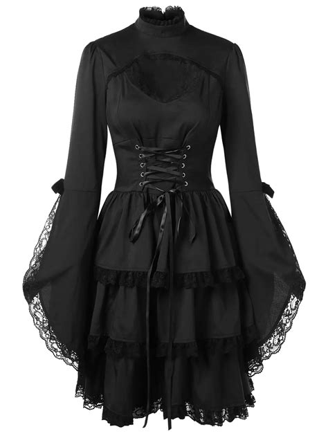 Wipalo Flare Sleeve Cut Out Lace Trim Gothic Dress Women Stand Long ...