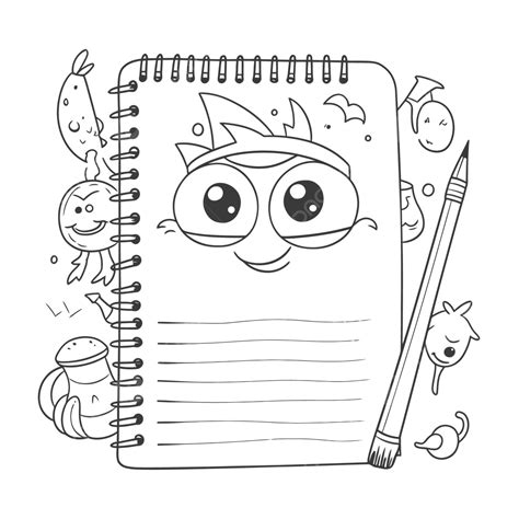 Notebook With Cartoon Faces Outline Sketch Drawing Vector, List Drawing ...