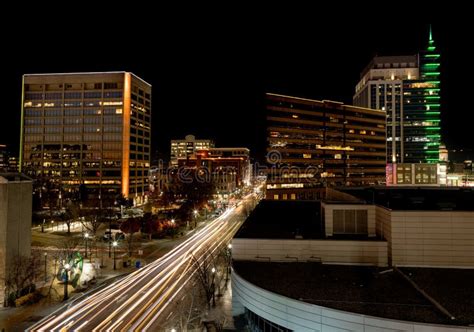 Night Skyline of Boise with Streaking Car Lights Stock Image - Image of ...