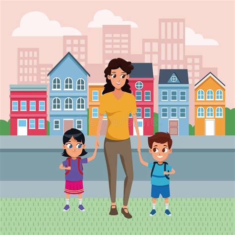 Family Single Parent with Childrens Cartoon Stock Vector - Illustration ...