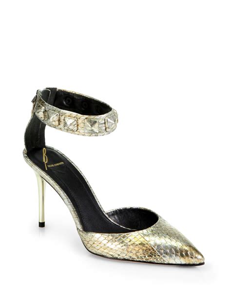 B Brian Atwood Mercada Metallic Snakeskin Ankle Strap Pumps in Gold ...