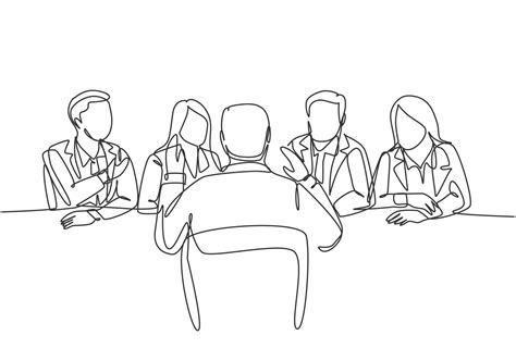 One single line drawing of young interviewee being interviewed by some company managers for job ...