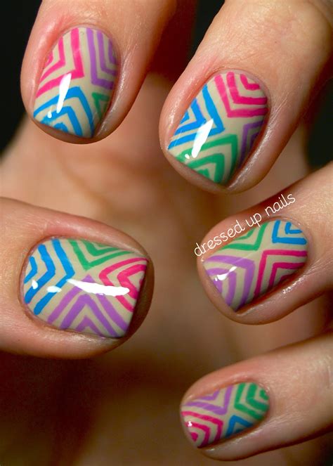 Dressed Up Nails: Colorful offset chevron nail art on a nude base, YEAH!