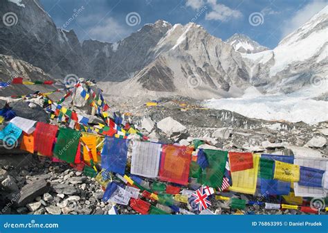 View from Mount Everest Base Camp with Prayer Flags Stock Image - Image ...