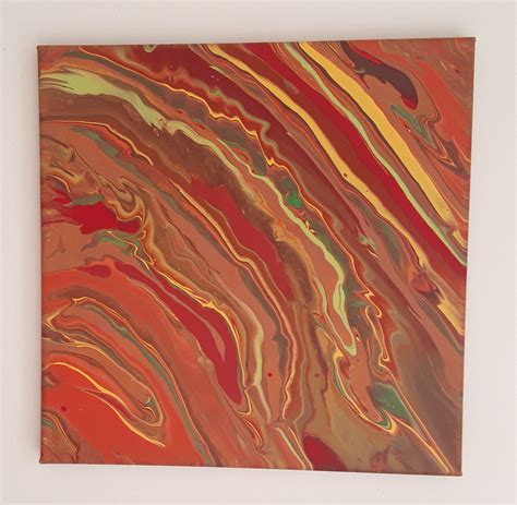 Orange Red Yellow Green Brown Paint Pour Painting on a 12x12 Stretched ...