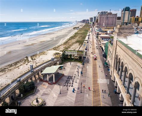 ATLANTIC CITY, USA - SEPTEMBER 20, 2017: Atlantic city boardwalk aerial view. Boardwalk is the ...