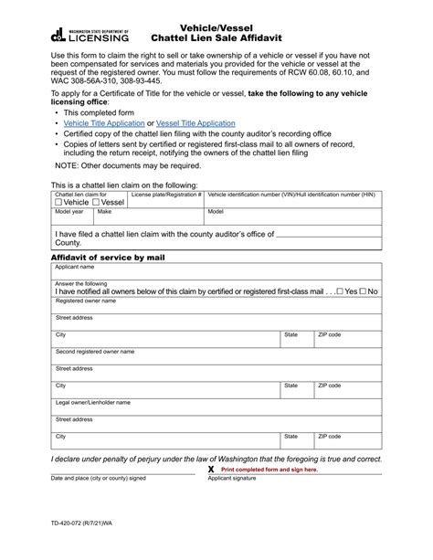 Form TD-420-072 Download Fillable PDF or Fill Online Vehicle/Vessel Chattel Lien Sale Affidavit ...